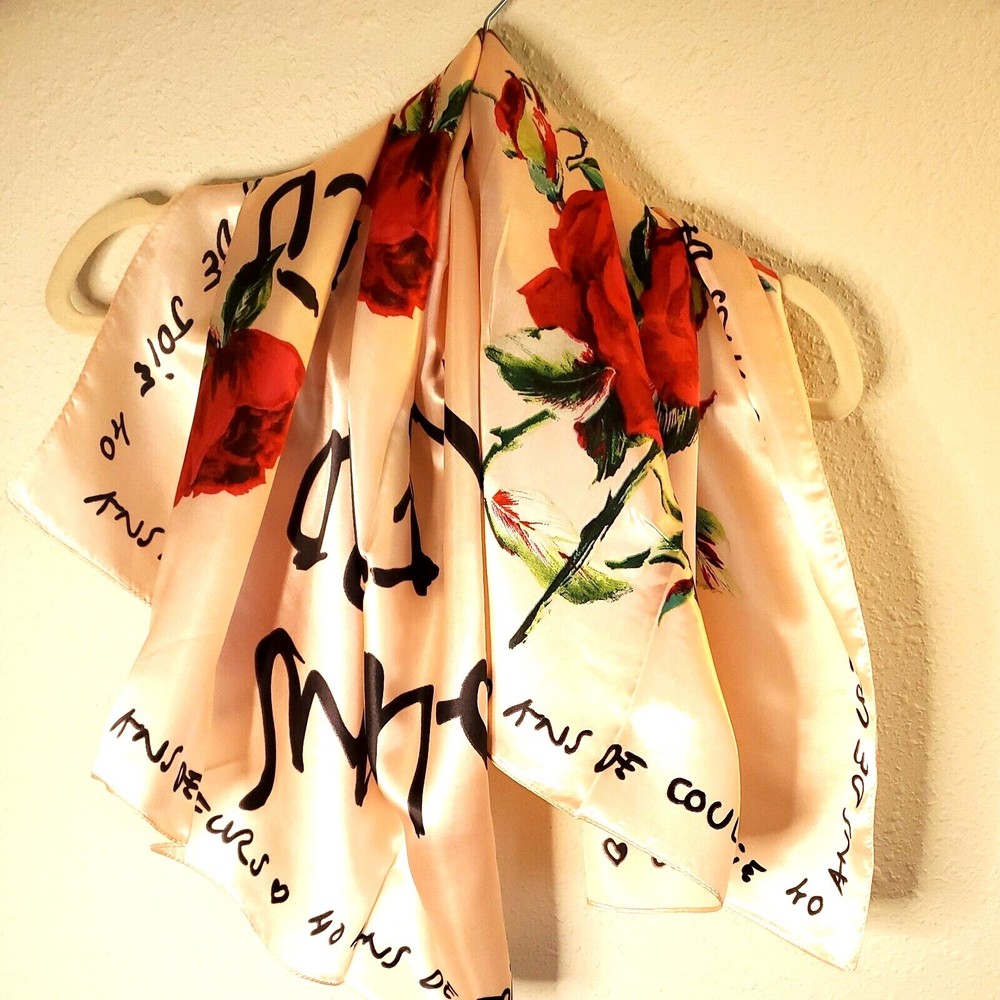 100% Silk Pink Scarf with Red Roses Black Writing Printed Square--36"x36"
